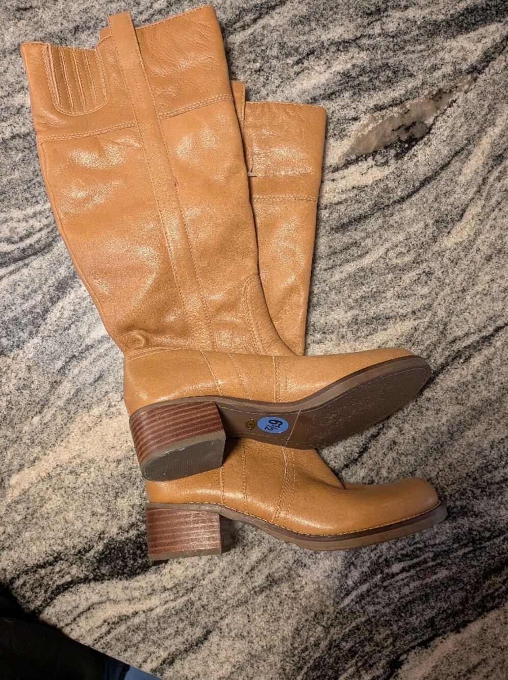 Lucky Brand Leather Low Heeled Pull On Knee High Boots Tan Camel 6 1/2